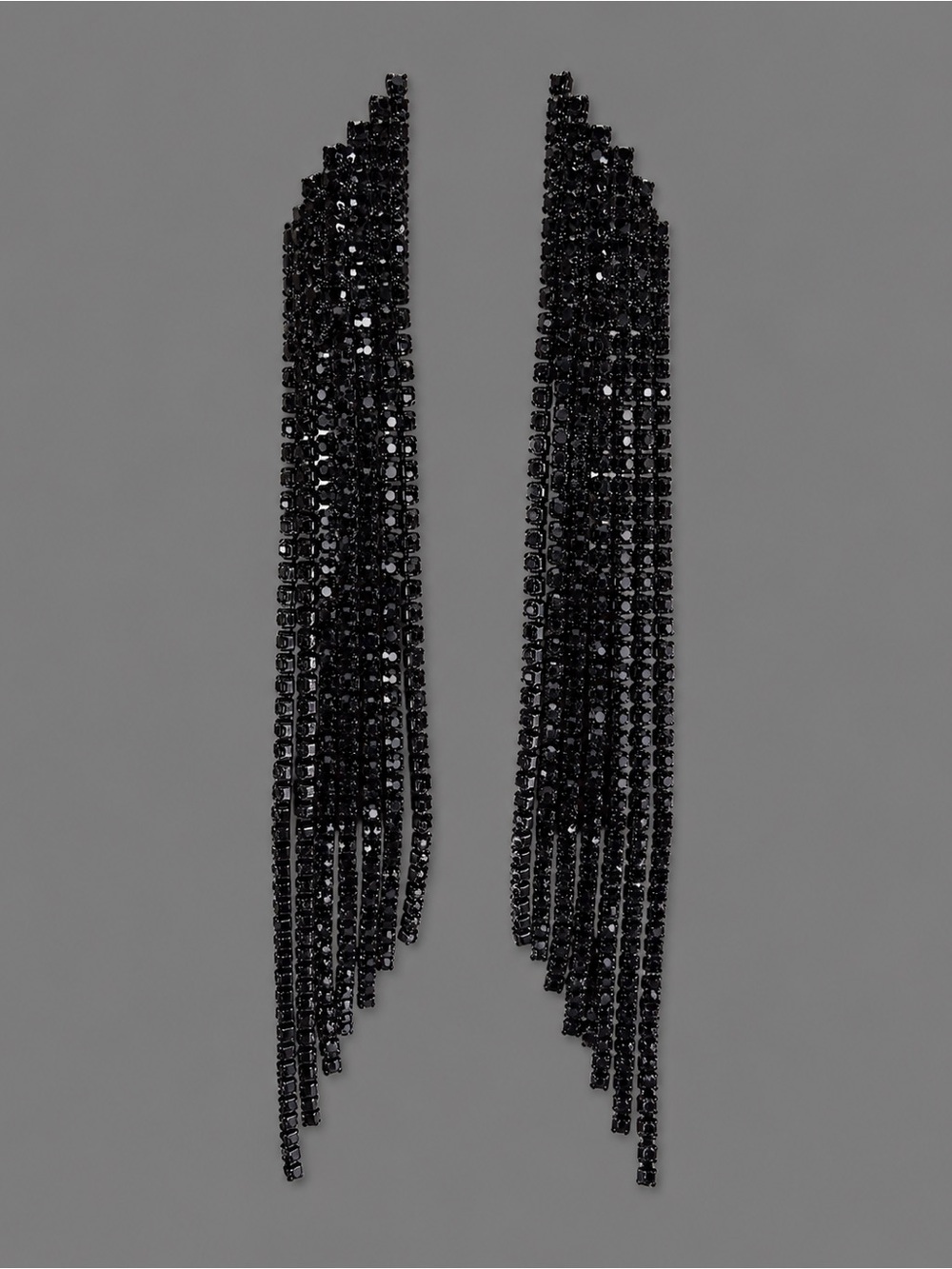 Long Black Faceted Stone Fringe Pierced Statement Dangle Earrings